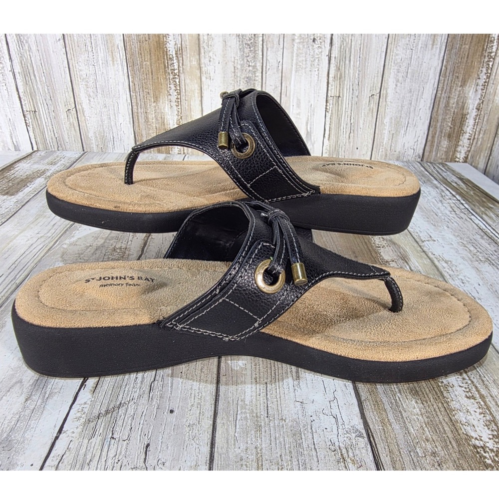 St Johns Bay Aldrin Black Wedge Flip Flop Sandals Memory Foam 7.5 M